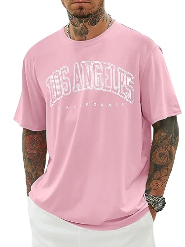 Minetom Oversized Tshirt Herren Rundhals Kurzarm Lose Sommer Oberteile Mode T-Shirt mit Los Angeles Grafik Kreativen Buchstaben Vintage Drucken Streetwear Sport Casual Lang Tops A Rosa S von Minetom