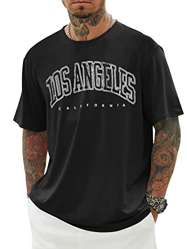 Minetom Oversized Tshirt Herren Rundhals Kurzarm Lose Sommer Oberteile Mode T-Shirt mit Los Angeles Grafik Kreativen Buchstaben Vintage Drucken Streetwear Sport Casual Lang Tops A Schwarz S von Minetom