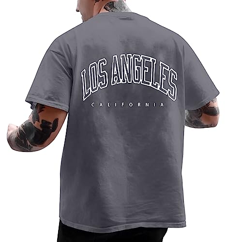 Minetom Oversized Tshirt Herren Rundhals Kurzarm Lose Sommer Oberteile T-Shirt Mit Los Angeles Backprint Vintage Streetwear Sport Teenager Tunika Tops A Grau XS von Minetom