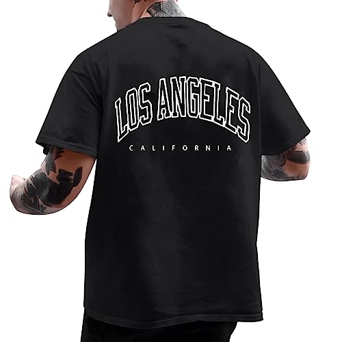 Minetom Oversized Tshirt Herren Rundhals Kurzarm Lose Sommer Oberteile T-Shirt Mit Los Angeles Backprint Vintage Streetwear Sport Teenager Tunika Tops A Schwarz XS von Minetom