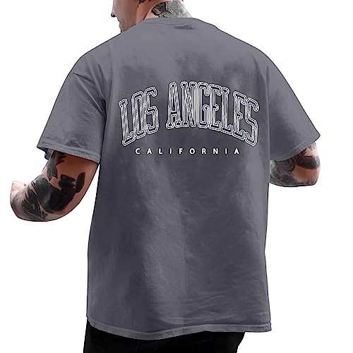 Minetom Oversized Tshirt Herren Rundhals Kurzarm Lose Sommer Oberteile T-Shirt Mit Los Angeles Backprint Vintage Streetwear Sport Teenager Tunika Tops B Grau M von Minetom