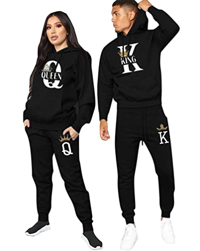 Minetom Pärchen Sportanzug King Queen Druck Pullover Hoodie Kapuzenpullover Liebespaar Couple Jogginganzug Freizeitanzug Taschen Oberteile und Hose Set Schwarz King S von Minetom