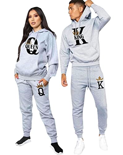 Minetom Pärchen Sportanzug King Queen Druck Pullover Hoodie Kapuzenpullover Liebespaar Couple Jogginganzug Freizeitanzug mit Taschen Oberteile und Hose Set Grau King 3XL von Minetom