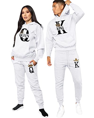 Minetom Pärchen Sportanzug King Queen Druck Pullover Hoodie Kapuzenpullover Liebespaar Couple Jogginganzug Freizeitanzug mit Taschen Oberteile und Hose Set Weiß Queen S von Minetom