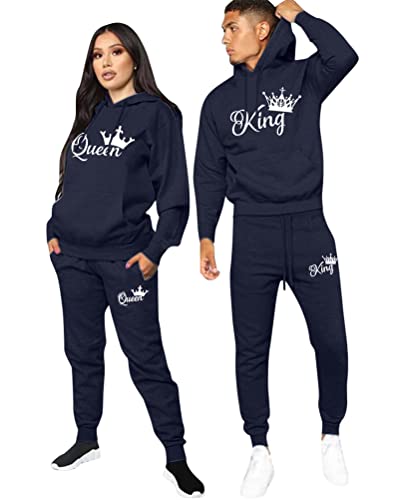 Minetom Pärchen Sportanzug King Queen Druck Pullover Hoodie Kapuzenpullover Liebespaar Couple Jogginganzug Freizeitanzug mit Taschen Oberteile und Hose Set Z Blau Queen M von Minetom