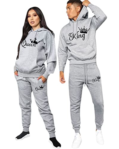 Minetom Pärchen Sportanzug King Queen Druck Pullover Hoodie Kapuzenpullover Liebespaar Couple Jogginganzug Freizeitanzug mit Taschen Oberteile und Hose Set Z Grau King M von Minetom