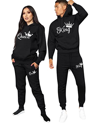 Minetom Pärchen Sportanzug King Queen Druck Pullover Hoodie Kapuzenpullover Liebespaar Couple Jogginganzug Freizeitanzug mit Taschen Oberteile und Hose Set Z Schwarz King 3XL von Minetom