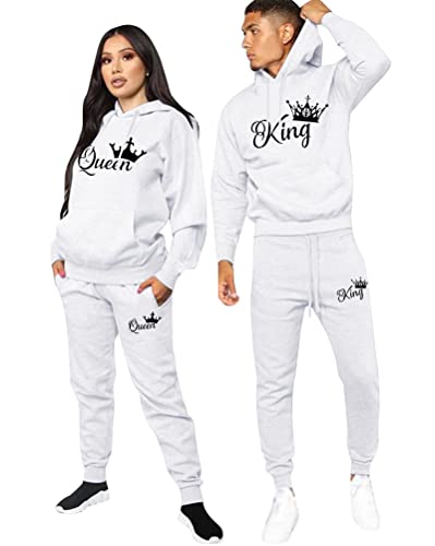 Minetom Pärchen Sportanzug King Queen Druck Pullover Hoodie Kapuzenpullover Liebespaar Couple Jogginganzug Freizeitanzug mit Taschen Oberteile und Hose Set Z Weiß King 3XL von Minetom