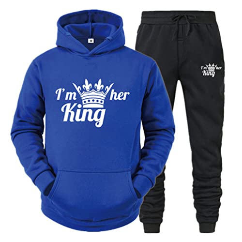 Minetom Pärchen Sportanzug King Queen Pullover Kapuzenpullover Hoodie Valentinstag Liebespaar Couple Jogginganzug Freizeitanzug Oberteile und Hose Set für Paare Blau King XL von Minetom