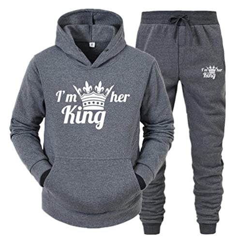 Minetom Pärchen Sportanzug King Queen Pullover Kapuzenpullover Hoodie Valentinstag Liebespaar Couple Jogginganzug Freizeitanzug Oberteile und Hose Set für Paare Dunkelgrau King M von Minetom