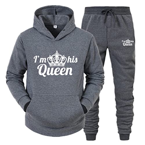 Minetom Pärchen Sportanzug King Queen Pullover Kapuzenpullover Hoodie Valentinstag Liebespaar Couple Jogginganzug Freizeitanzug Oberteile und Hose Set für Paare Dunkelgrau Queen S von Minetom