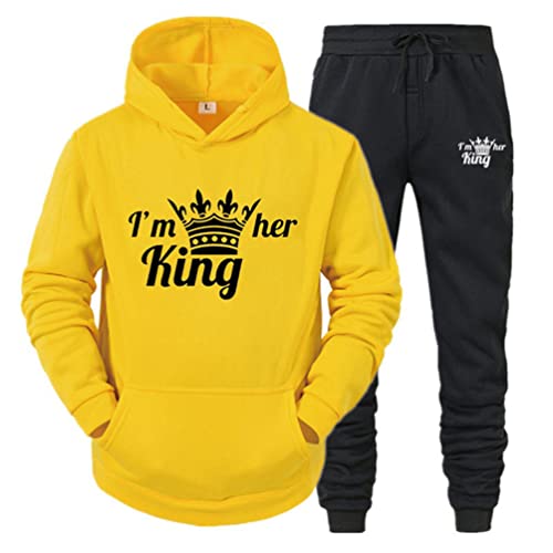 Minetom Pärchen Sportanzug King Queen Pullover Kapuzenpullover Hoodie Valentinstag Liebespaar Couple Jogginganzug Freizeitanzug Oberteile und Hose Set für Paare Gelb King 3XL von Minetom