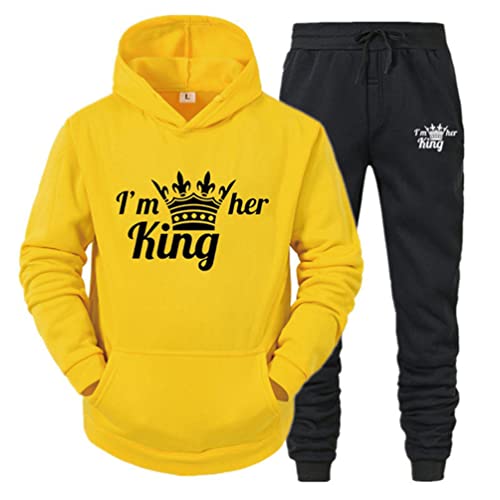 Minetom Pärchen Sportanzug King Queen Pullover Kapuzenpullover Hoodie Valentinstag Liebespaar Couple Jogginganzug Freizeitanzug Oberteile und Hose Set für Paare Gelb King XXL von Minetom
