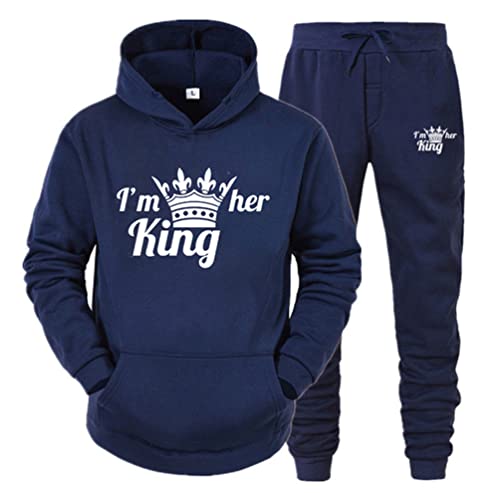 Minetom Pärchen Sportanzug King Queen Pullover Kapuzenpullover Hoodie Valentinstag Liebespaar Couple Jogginganzug Freizeitanzug Oberteile und Hose Set für Paare Marine King M von Minetom