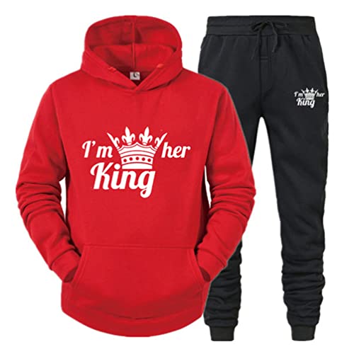 Minetom Pärchen Sportanzug King Queen Pullover Kapuzenpullover Hoodie Valentinstag Liebespaar Couple Jogginganzug Freizeitanzug Oberteile und Hose Set für Paare Rot King XL von Minetom