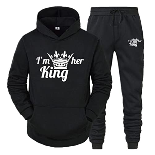 Minetom Pärchen Sportanzug King Queen Pullover Kapuzenpullover Hoodie Valentinstag Liebespaar Couple Jogginganzug Freizeitanzug Oberteile und Hose Set für Paare Schwarz King XXL von Minetom