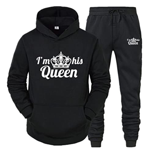 Minetom Pärchen Sportanzug King Queen Pullover Kapuzenpullover Hoodie Valentinstag Liebespaar Couple Jogginganzug Freizeitanzug Oberteile und Hose Set für Paare Schwarz Queen L von Minetom