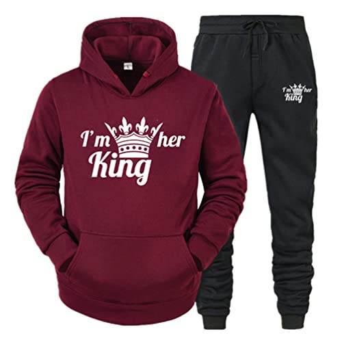 Minetom Pärchen Sportanzug King Queen Pullover Kapuzenpullover Hoodie Valentinstag Liebespaar Couple Jogginganzug Freizeitanzug Oberteile und Hose Set für Paare Weinrot King L von Minetom