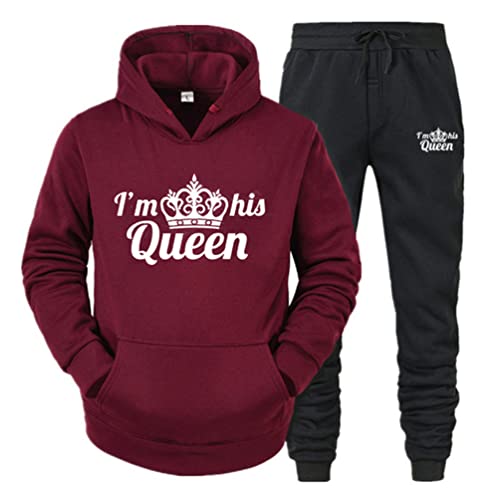 Minetom Pärchen Sportanzug King Queen Pullover Kapuzenpullover Hoodie Valentinstag Liebespaar Couple Jogginganzug Freizeitanzug Oberteile und Hose Set für Paare Weinrot Queen L von Minetom