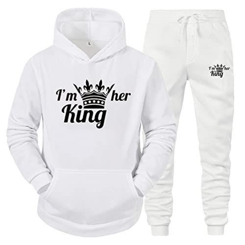 Minetom Pärchen Sportanzug King Queen Pullover Kapuzenpullover Hoodie Valentinstag Liebespaar Couple Jogginganzug Freizeitanzug Oberteile und Hose Set für Paare Weiß King 3XL von Minetom