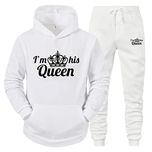 Minetom Pärchen Sportanzug King Queen Pullover Kapuzenpullover Hoodie Valentinstag Liebespaar Couple Jogginganzug Freizeitanzug Oberteile und Hose Set für Paare Weiß Queen 3XL von Minetom