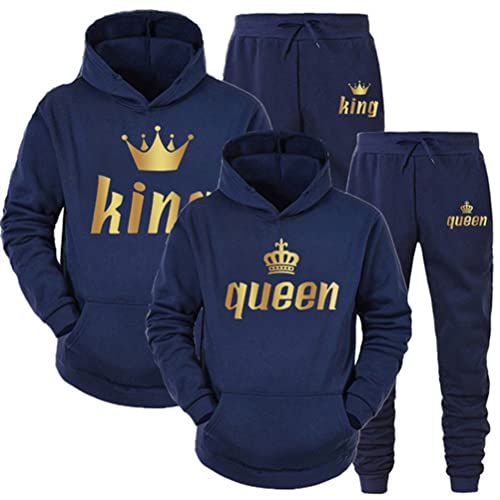 Minetom Pärchen Sportanzug King Queen Pullover Kapuzenpullover Hoodie Valentinstag Liebespaar Couple Jogginganzug Oberteile und Hose Set für Paare Blau king 3XL von Minetom