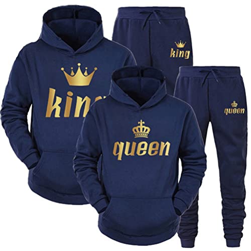 Minetom Pärchen Sportanzug King Queen Pullover Kapuzenpullover Hoodie Valentinstag Liebespaar Couple Jogginganzug Oberteile und Hose Set für Paare Blau Queen XL von Minetom