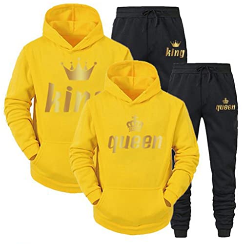 Minetom Pärchen Sportanzug King Queen Pullover Kapuzenpullover Hoodie Valentinstag Liebespaar Couple Jogginganzug Oberteile und Hose Set für Paare Gelb king 3XL von Minetom