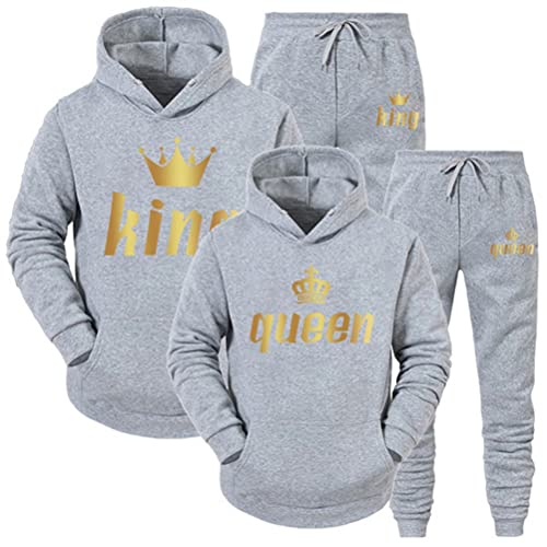 Minetom Pärchen Sportanzug King Queen Pullover Kapuzenpullover Hoodie Valentinstag Liebespaar Couple Jogginganzug Oberteile und Hose Set für Paare Grau king 3XL von Minetom