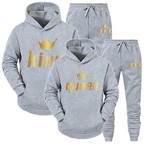 Minetom Pärchen Sportanzug King Queen Pullover Kapuzenpullover Hoodie Valentinstag Liebespaar Couple Jogginganzug Oberteile und Hose Set für Paare Grau Queen XS von Minetom