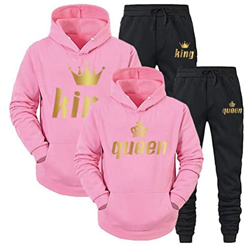 Minetom Pärchen Sportanzug King Queen Pullover Kapuzenpullover Hoodie Valentinstag Liebespaar Couple Jogginganzug Oberteile und Hose Set für Paare Rosa Queen XXL von Minetom