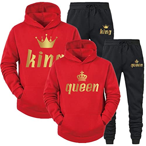 Minetom Pärchen Sportanzug King Queen Pullover Kapuzenpullover Hoodie Valentinstag Liebespaar Couple Jogginganzug Oberteile und Hose Set für Paare Rot king 3XL von Minetom