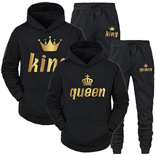 Minetom Pärchen Sportanzug King Queen Pullover Kapuzenpullover Hoodie Valentinstag Liebespaar Couple Jogginganzug Oberteile und Hose Set für Paare Schwarz king 3XL von Minetom