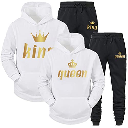 Minetom Pärchen Sportanzug King Queen Pullover Kapuzenpullover Hoodie Valentinstag Liebespaar Couple Jogginganzug Oberteile und Hose Set für Paare Weiß Queen L von Minetom