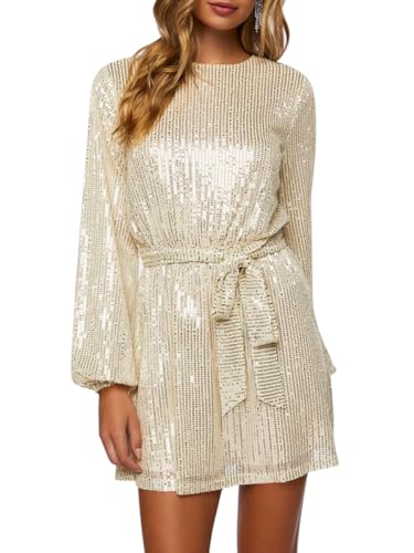 Minetom Pailettenkleider Für Damen Partykleid Hochzeit Glitzer Cocktailkleid Hochzeitskleid Langarm Festlich Party Pailletten Frauen Kleider Glitzerkleid Abendkleid Mit Gürtel A Gold M von Minetom