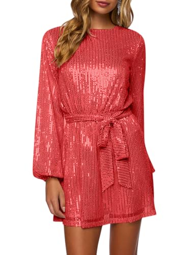 Minetom Pailettenkleider Für Damen Partykleid Hochzeit Glitzer Cocktailkleid Hochzeitskleid Langarm Festlich Party Pailletten Frauen Kleider Glitzerkleid Abendkleid Mit Gürtel A Rot L von Minetom