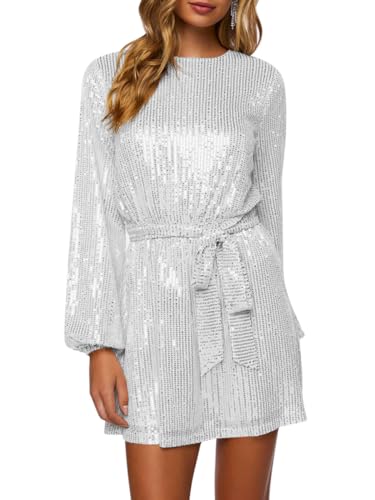 Minetom Pailettenkleider Für Damen Partykleid Hochzeit Glitzer Cocktailkleid Hochzeitskleid Langarm Festlich Party Pailletten Frauen Kleider Glitzerkleid Abendkleid Mit Gürtel A Weiß L von Minetom