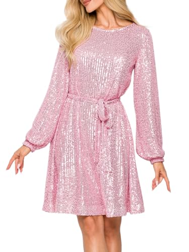 Minetom Pailettenkleider Für Damen Partykleid Hochzeit Glitzer Cocktailkleid Hochzeitskleid Langarm Festlich Party Pailletten Frauen Kleider Glitzerkleid Abendkleid Mit Gürtel B Rosa L von Minetom