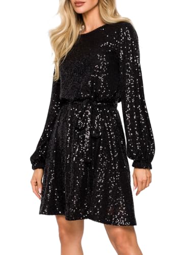 Minetom Pailettenkleider Für Damen Partykleid Hochzeit Glitzer Cocktailkleid Hochzeitskleid Langarm Festlich Party Pailletten Frauen Kleider Glitzerkleid Abendkleid Mit Gürtel B Schwarz L von Minetom