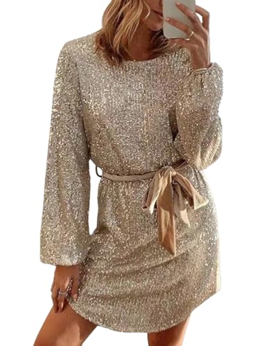 Minetom Pailettenkleider Für Damen Partykleid Hochzeit Glitzer Cocktailkleid Hochzeitskleid Langarm Festlich Party Pailletten Frauen Kleider Glitzerkleid Abendkleid Mit Gürtel C Gold S von Minetom