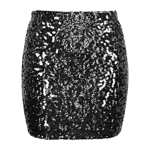 Minetom Pailettenrock Für Damen Glitzer Rock Kurz Pailletten Hüftumhüllender Sexy Mini Skirt Hüftrock Hohe Taille Party Rave Outfit A1 Schwarz L von Minetom