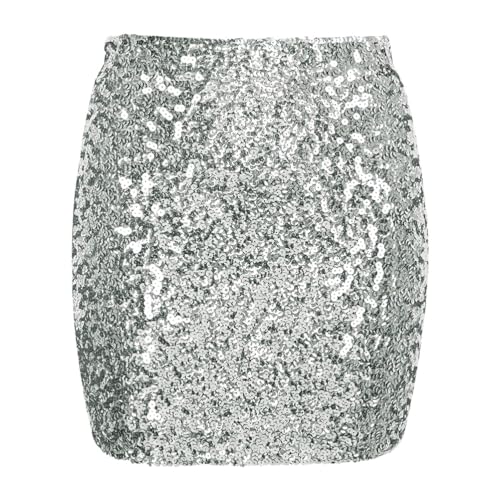 Minetom Pailettenrock Für Damen Glitzer Rock Kurz Pailletten Hüftumhüllender Sexy Mini Skirt Hüftrock Hohe Taille Party Rave Outfit A1 Silber L von Minetom