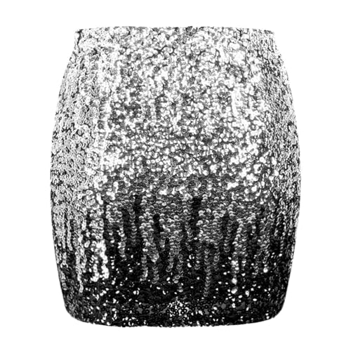 Minetom Pailettenrock Für Damen Glitzer Rock Kurz Pailletten Hüftumhüllender Sexy Mini Skirt Hüftrock Hohe Taille Party Rave Outfit A2 Silber S von Minetom