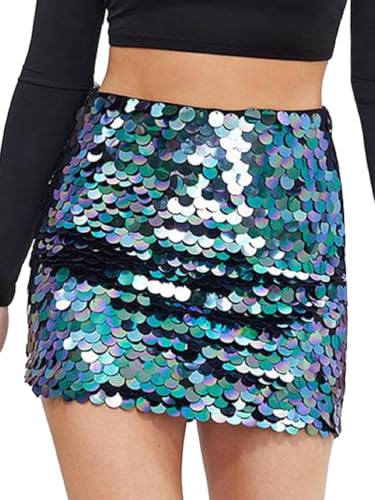 Minetom Pailettenrock Für Damen Glitzer Rock Kurz Sexy High Waist Mini Skirt Hüftrock Mit Reißverschlus Party Rave Outfit D Grün XL von Minetom