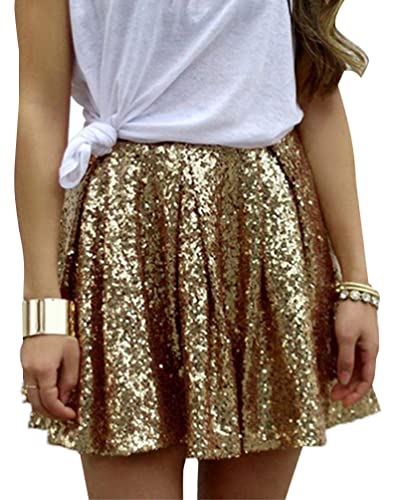 Minetom Pailletten Rock Damen Plisseerock Glänzend Minirock Glitzer Kurz Rock Party Club Kostüm A-Linie Faltenrock A Gold XXL von Minetom
