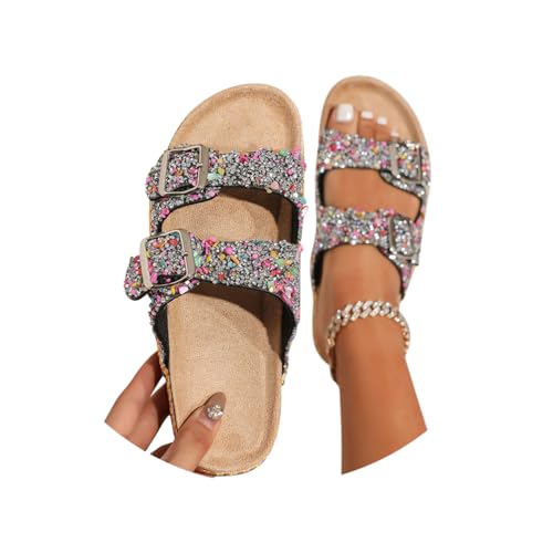 Minetom Pantoletten Damen Glitzer Clogs Pailletten Sandalen Hausschuhe Mit Korkfußbett Modische Offenem Sommerschuhe Strand Slipper A Khaki 38 EU von Minetom
