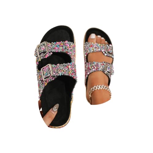 Minetom Pantoletten Damen Glitzer Clogs Pailletten Sandalen Hausschuhe Mit Korkfußbett Modische Offenem Sommerschuhe Strand Slipper A Schwarz 37 EU von Minetom