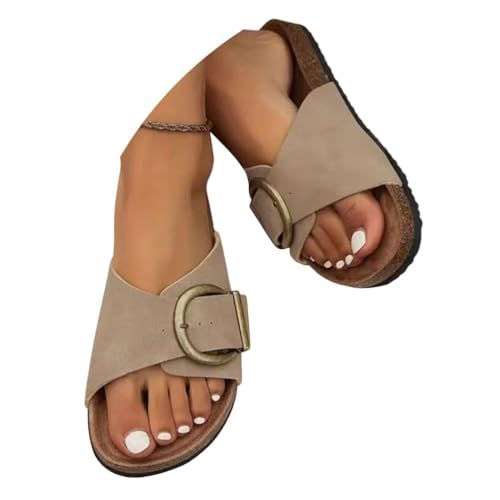 Minetom Pantoletten Damen Orthopädische Sandalen Latschen Schlappen Hausschuhe Bequeme Verstellbare Schnalle Flache Slipper A Khaki 41 EU von Minetom