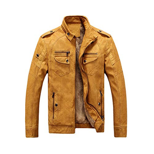 Minetom Pilotenjacke Herren Lederjacke Gefütterter Winterjacke Aus Kunstleder Mit Kunstpelzfutter, Männer Winter Warme Jacke Vintage Bikerjacke Gelb XL von Minetom