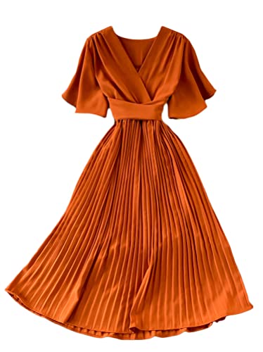 Minetom Plisseekleid Cocktailkleid Damen Elegant V-Ausschnitt Kurzarm Elegant Festliches Kleid Lang Abend Party Ballkleid Freizeitkleid B Orange Einheitsgröße von Minetom